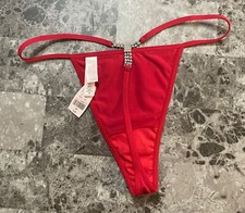 NWT VICTORIA'S SECRET SMALL RED SILVER RHINESTONE VINTAGE RARE V STRING PANTIES