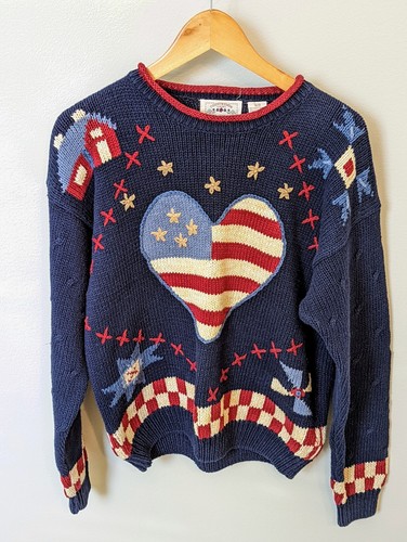VTG Countryside Classics M Blue Hand Embroidered Sweater Flag Hearts Cittagecore