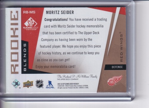 2021-22 MORITZ SEIDER UPPER DECK SP GAME USED ROOKIE RC BLENDS PATCH RB-MS 3/15 - Picture 2 of 2