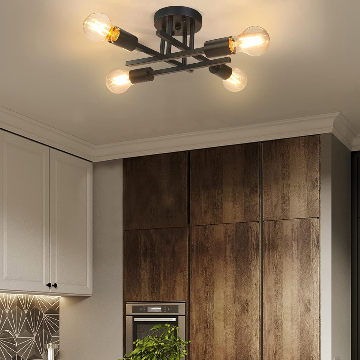 Farmhouse Black 4-Light Semi Flush Mount Hallway Lighting Fixture