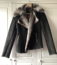 Black Faux Shearling Faux Fur Lined Fitted Biker Coat John Richmond Uk 8