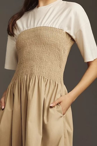 Anthropologie The Lilou Twofer Midi Dress Size Medium M NWT Neutral Beige Tan - Picture 3 of 4