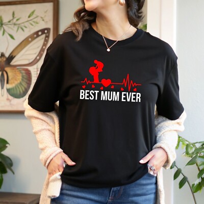 Best Mum Ever T-Shirt Rundhals bedruckt Herzschlag Design Muttertag Damen Top