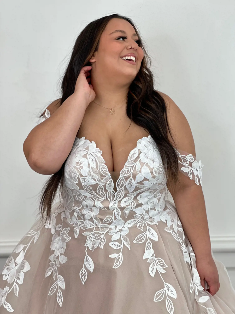 Plus Size Wedding Dresses Champagne with Split Off the Shoulder Lace  Appliques | eBay