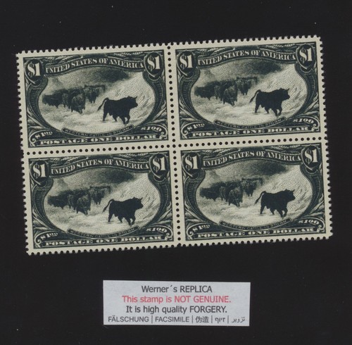 4-block FORGERY - Werner's REPLICA - US 292 - $1 Trans-Mississippi 1898 Cattle