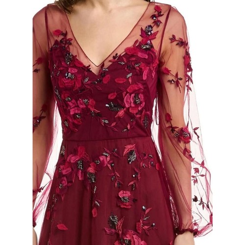 $ 1295 Theia Adora Mahroon bestickt Perlen Tüll Cocktail Maxikleid Gr 8 - Bild 3 von 18