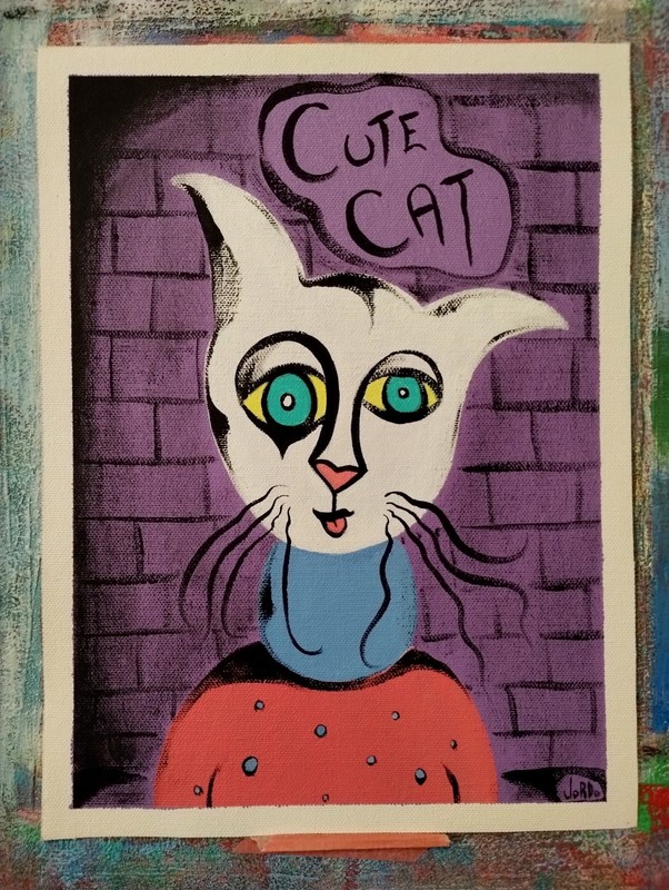 CUTE CAT POP EXPRESSIONISM PAINTING ON LOOSE CANVAS..9 X 12 BY: JORDO
