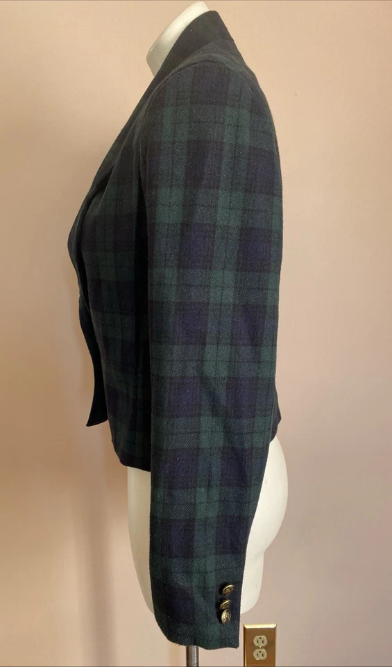 VTG Gloria Vanderbilt Crop Blazer Jacket Green Blue Tartan Plaid Wool Blend 8 M - Image 2 of 4