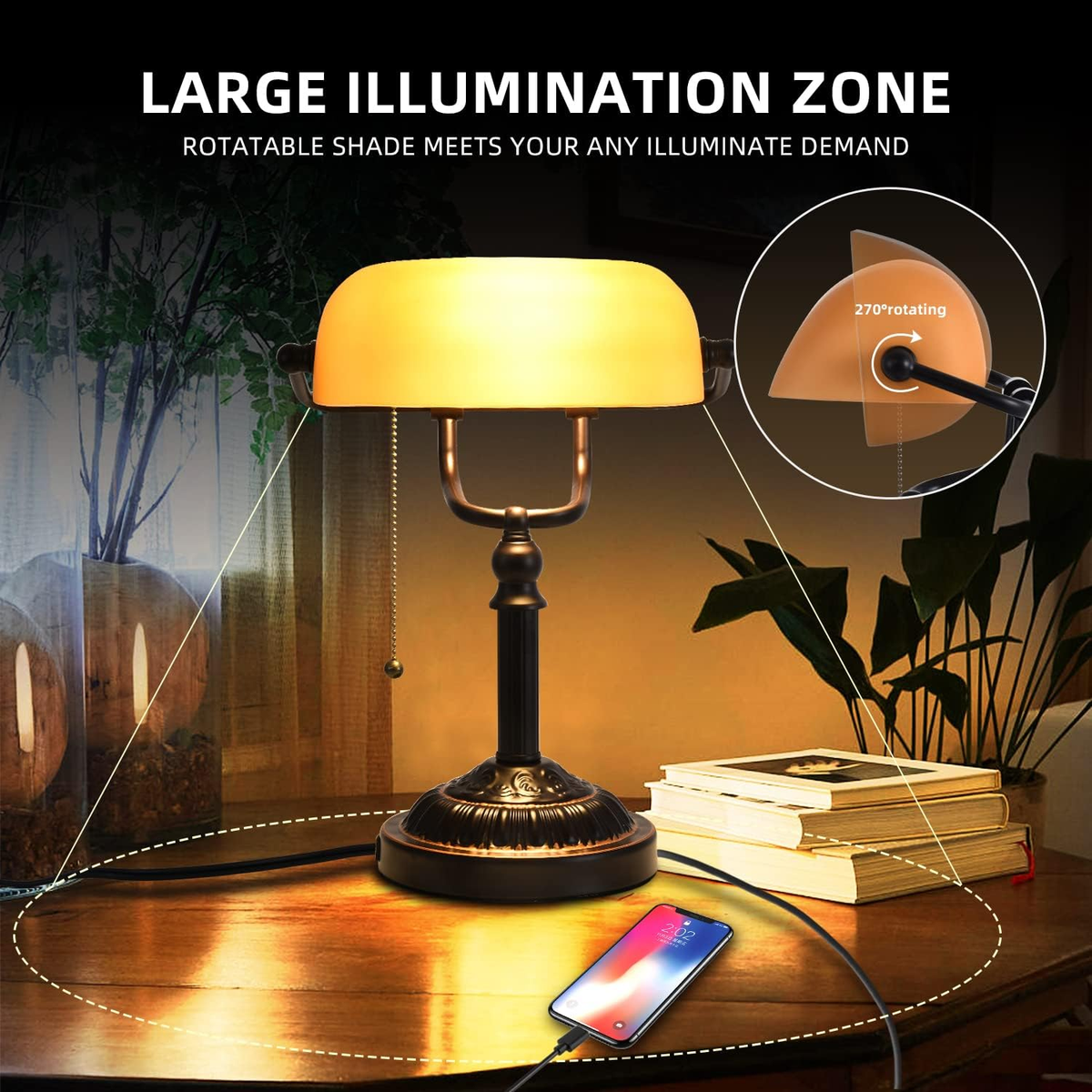 Vintage Banker's Desk Lamp with USB Port - Rustic Farmhouse Table