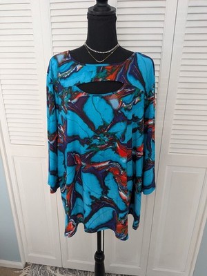 Attitudes by Renee Top Womens 3X Keyhole Stretch Art To Wear Blue Orange Tunic