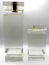 Vintage Lucite & Brass Candle Holder Set Mid Century Modern 6" Block 9 1/4" 2