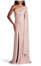Tadashi Shoji Sonora Cape Sleeve Gown Dress Sequin One Shoulder blush pink Sz 2