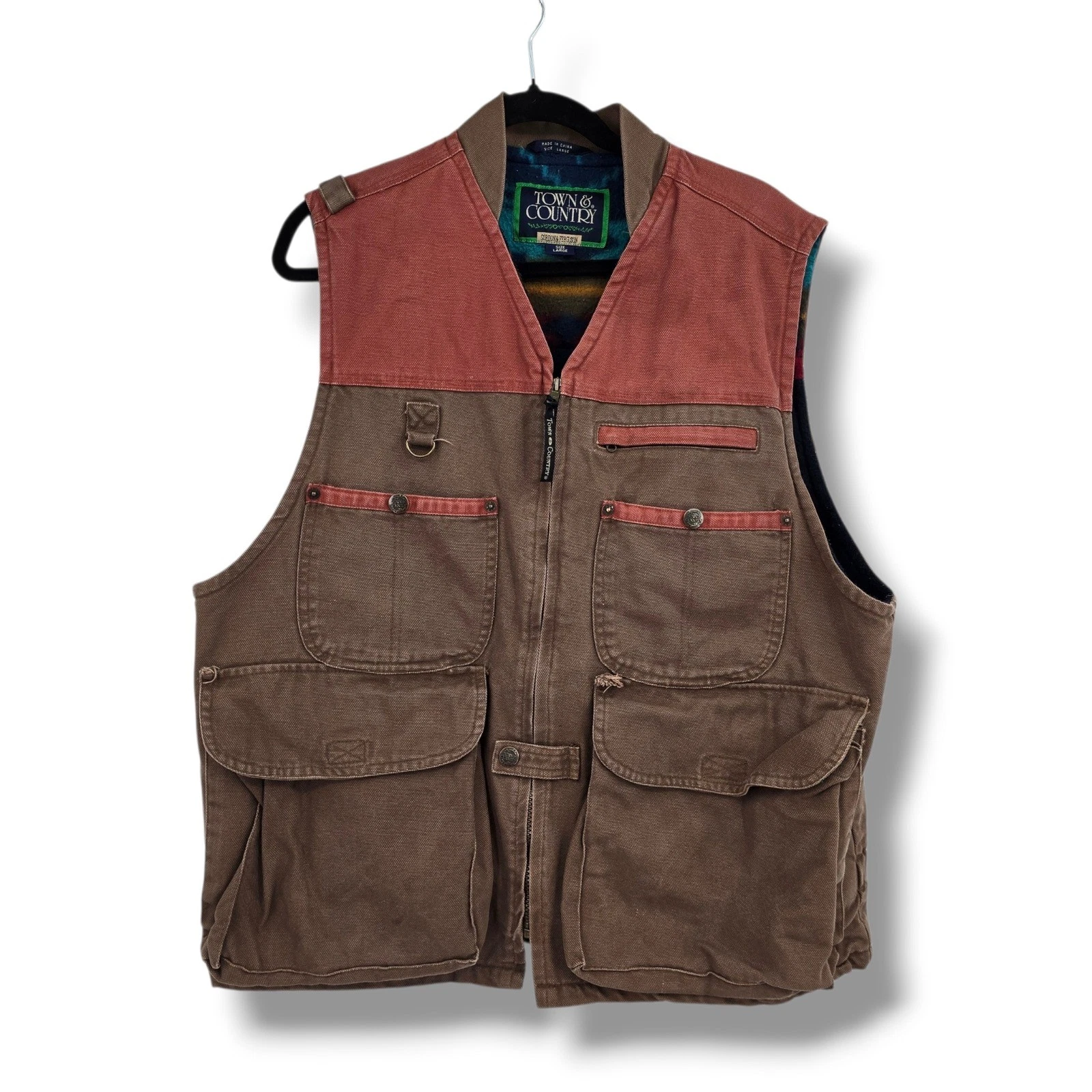 Town & Country Fleece Lined Mens Canvas Utility Hunting Vest Large Vintage