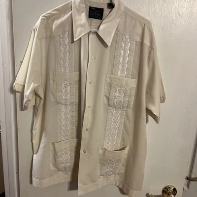 VTG Guayabera Shirt Adult XL Ivory Pleated 4 Front Pockets with Lace Insert - Image 1 of 4