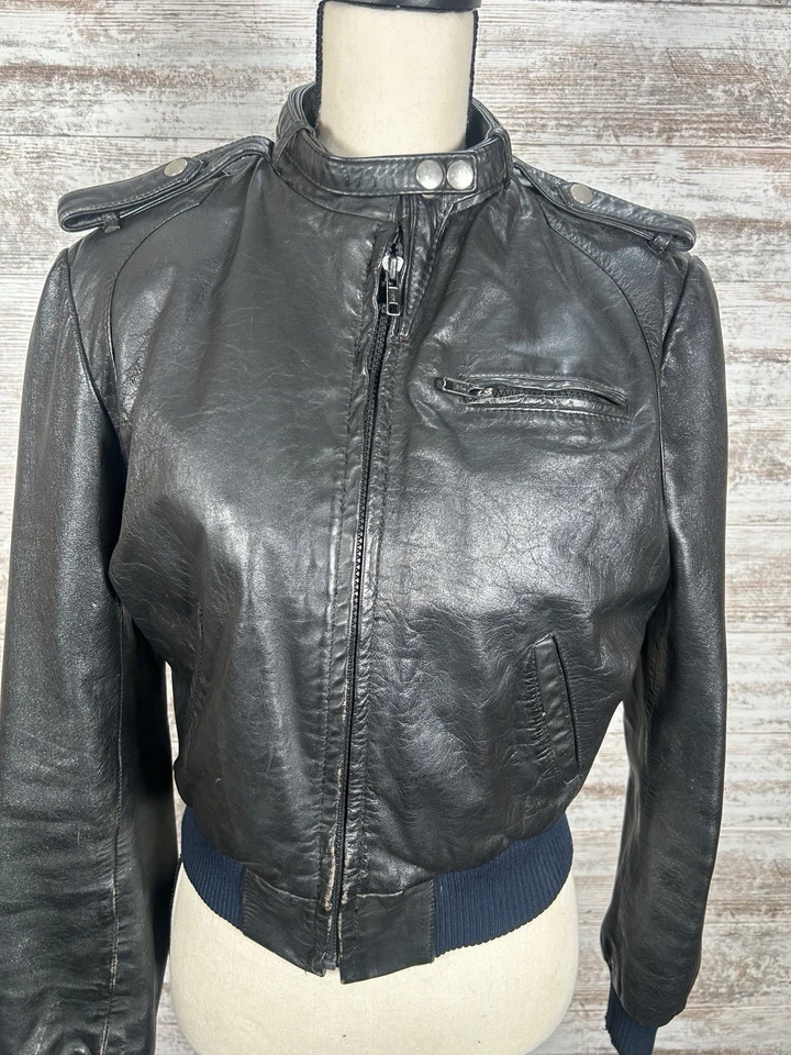 Chaqueta de Moto Bombardero de Cuero Berman Años 80 De Colección Negra Para Mujer Talla 14 Forrada de Vellón Foto 2 de 4