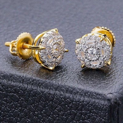 14k Gold Plated Real 925 Silver HipHop 8mm Earrings Round Cluster Studs Iced Out