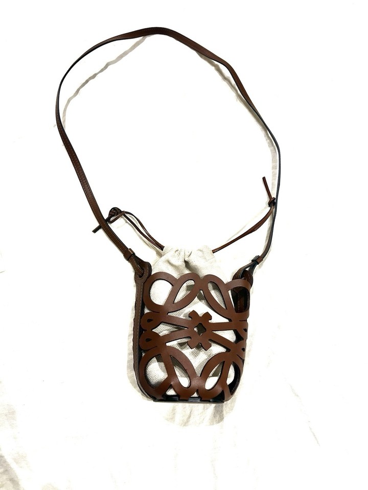 Loewe Anagram Cut Out Pocket Canvas Shoulder Bag Drawstring Purse Auth Rare Find