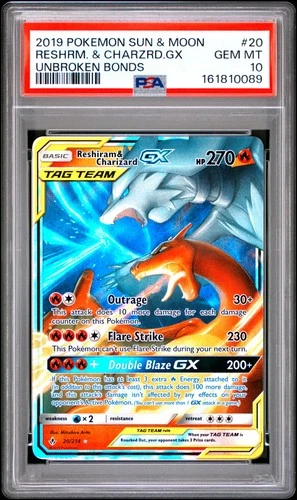 2019 POKEMON SUN & MOON UNBROKEN BONDS #20 RESHIRAM & CHARIZARD GX PSA 10