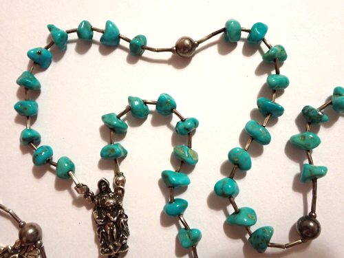 15" Vintage Rosary Turquoise Nugget 925 Sterling Silver Madonna 3D Center 24.4g - Picture 3 of 19