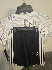 adidas Boys Size 6 2-Piece Set Black/White Tee  Shorts Elastic Waist