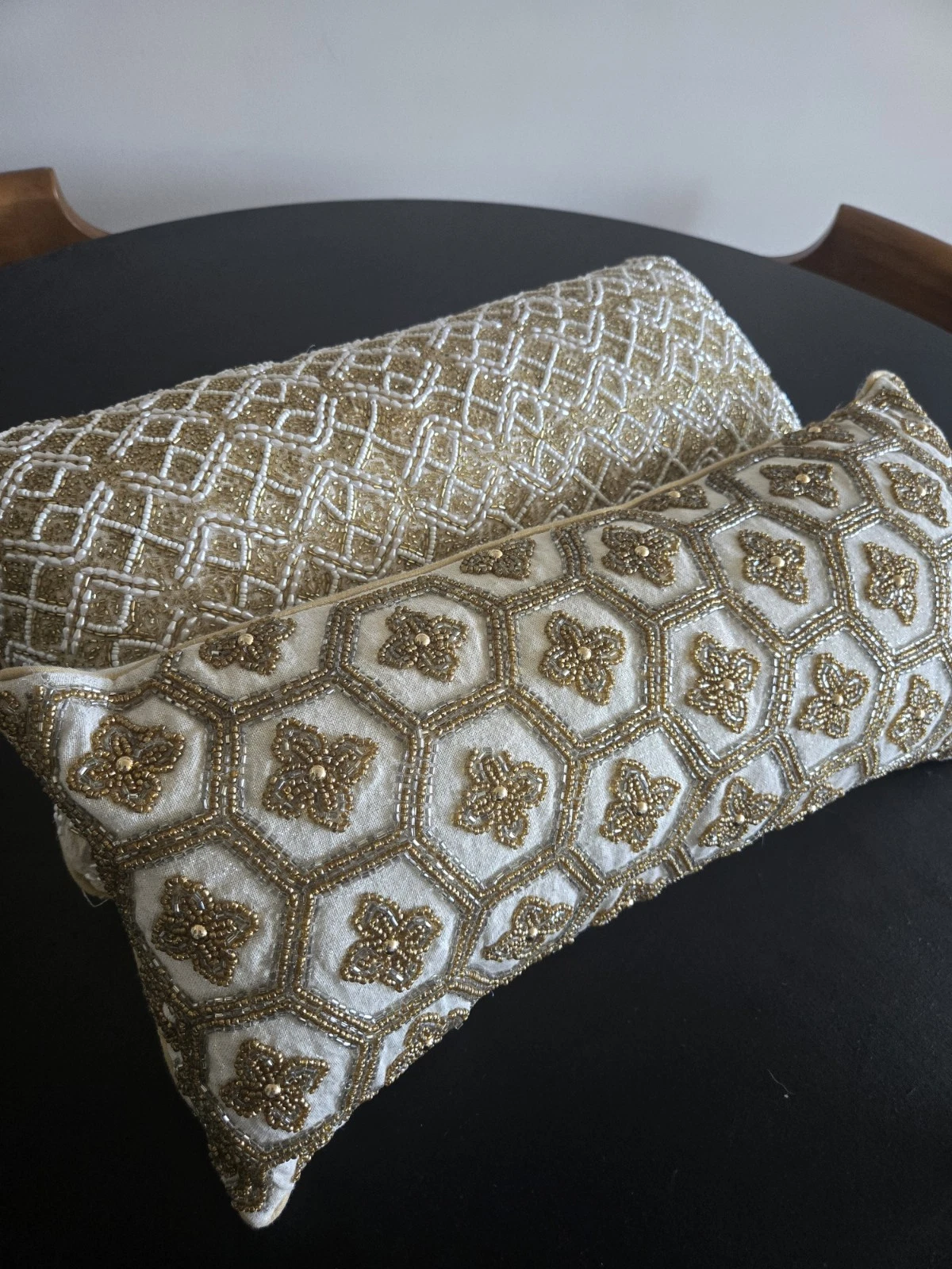 ​Pair 2 Beaded Lumbar Pillows 22x11 Gold White Metallic Boho Glam Throw Cushions
Opens in a new wind