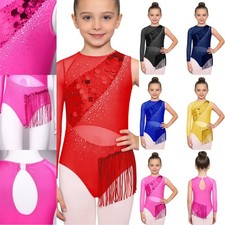 Girls Jumpsuit Sequins Tassel Leotard Glittery Bodysuit Competition Workout