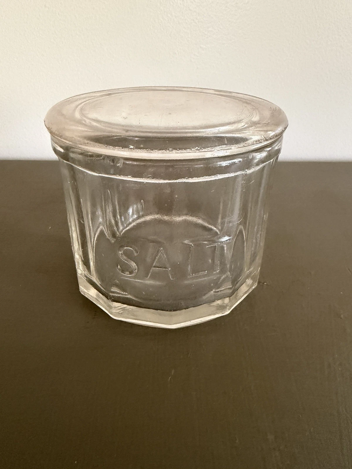Antique Hoosier Style Salt Jar Paneled Pattern Clear Glass 3 1/4” With Lid