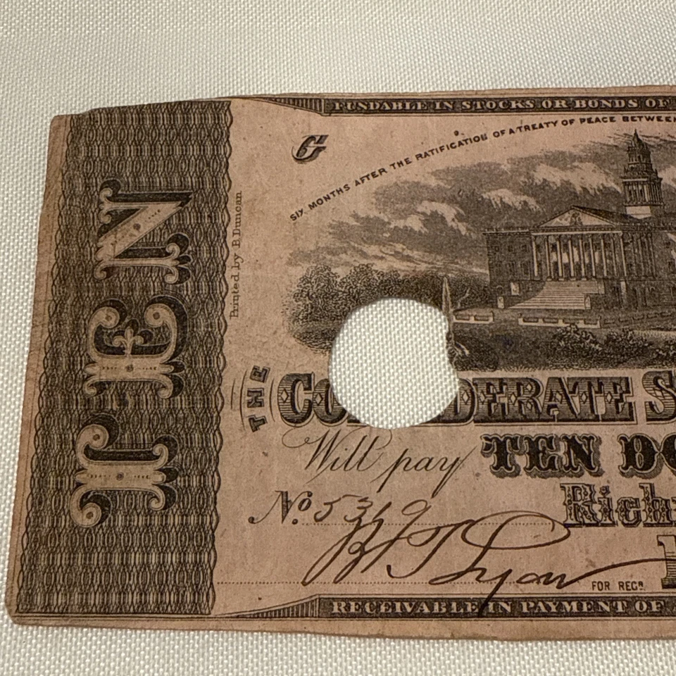 1862 $10 Confederate States Of America Richmond CSA Note Circulated - Image 2 of 4