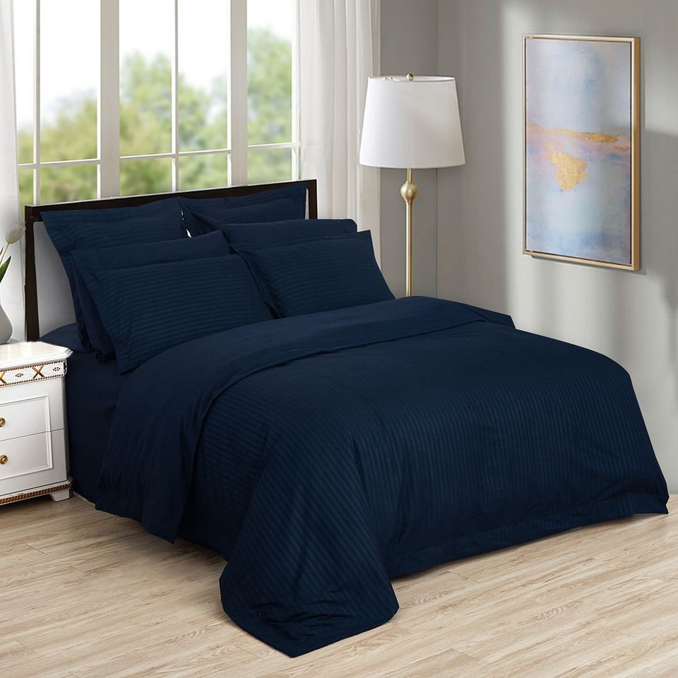 1000TC Ultra Soft Striped Queen Size Midnight Blue Duvet Quilt Cover