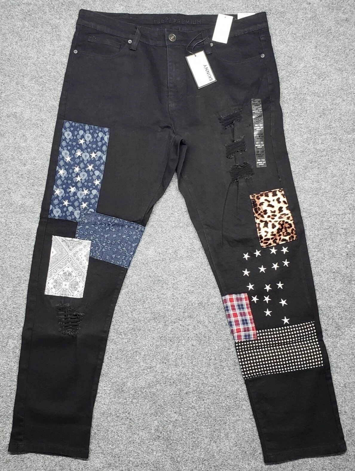 Jean Rue21 homme 38X32 noir denim supreme flex skinny patchs vieilli neuf