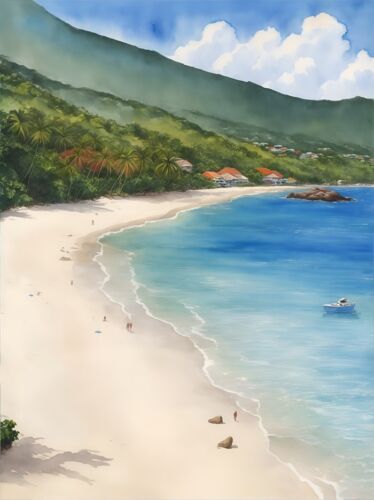 Grand Anse Beach Grenada Watercolor Painting Country City Art Print - Picture 1 of 1