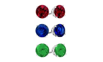 925 Sterling Silver Emerald, Sapphire and Ruby 6MM Round Cut Stud Earrings