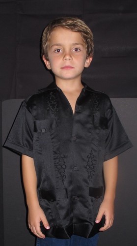 Boy's Guayabera Wedding Baptism Kids Toddler Button-Up Casual Dress Shirt Black - Picture 3 of 5