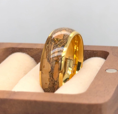 Yellow Gold Tungsten Promise Ring Cork Inlay Unique Style Band Thanksgiving Gift