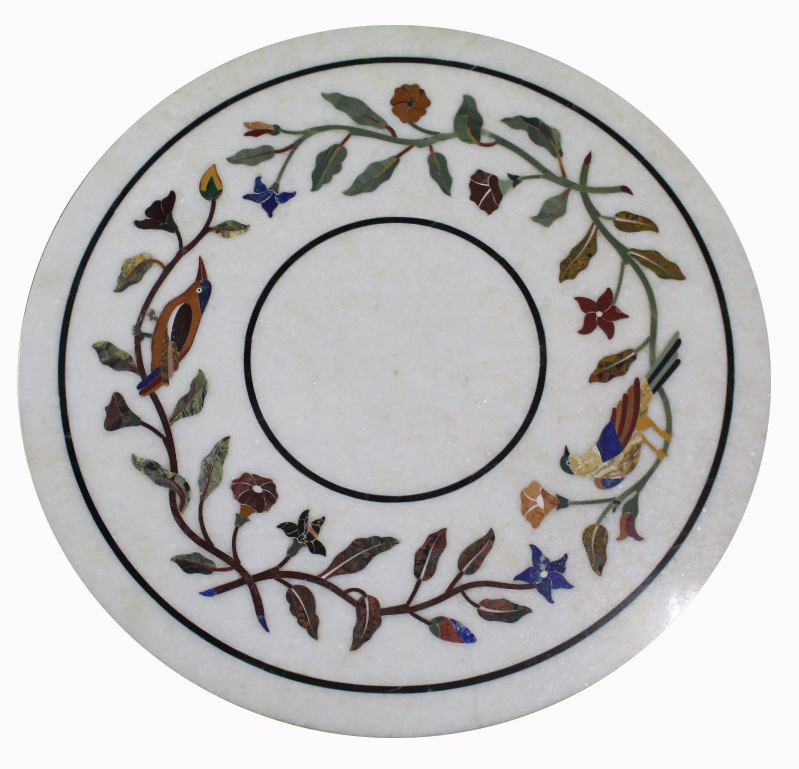 18-Inch White Marble Coffee Table with Semi-Precious Stone Floral Inlay Handmade Artisan Top  