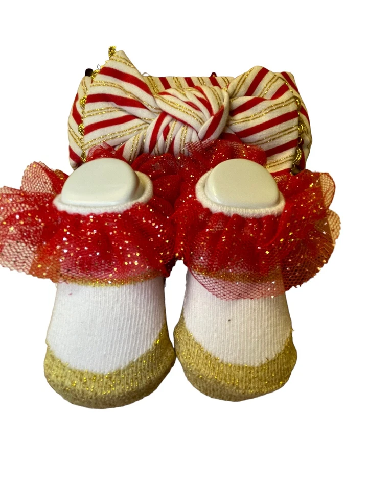 Faixa de cabeça e meias Baby Essentials bebê menina 0-6 meses ouro vermelho glitter babados - Imagem 3 de 4