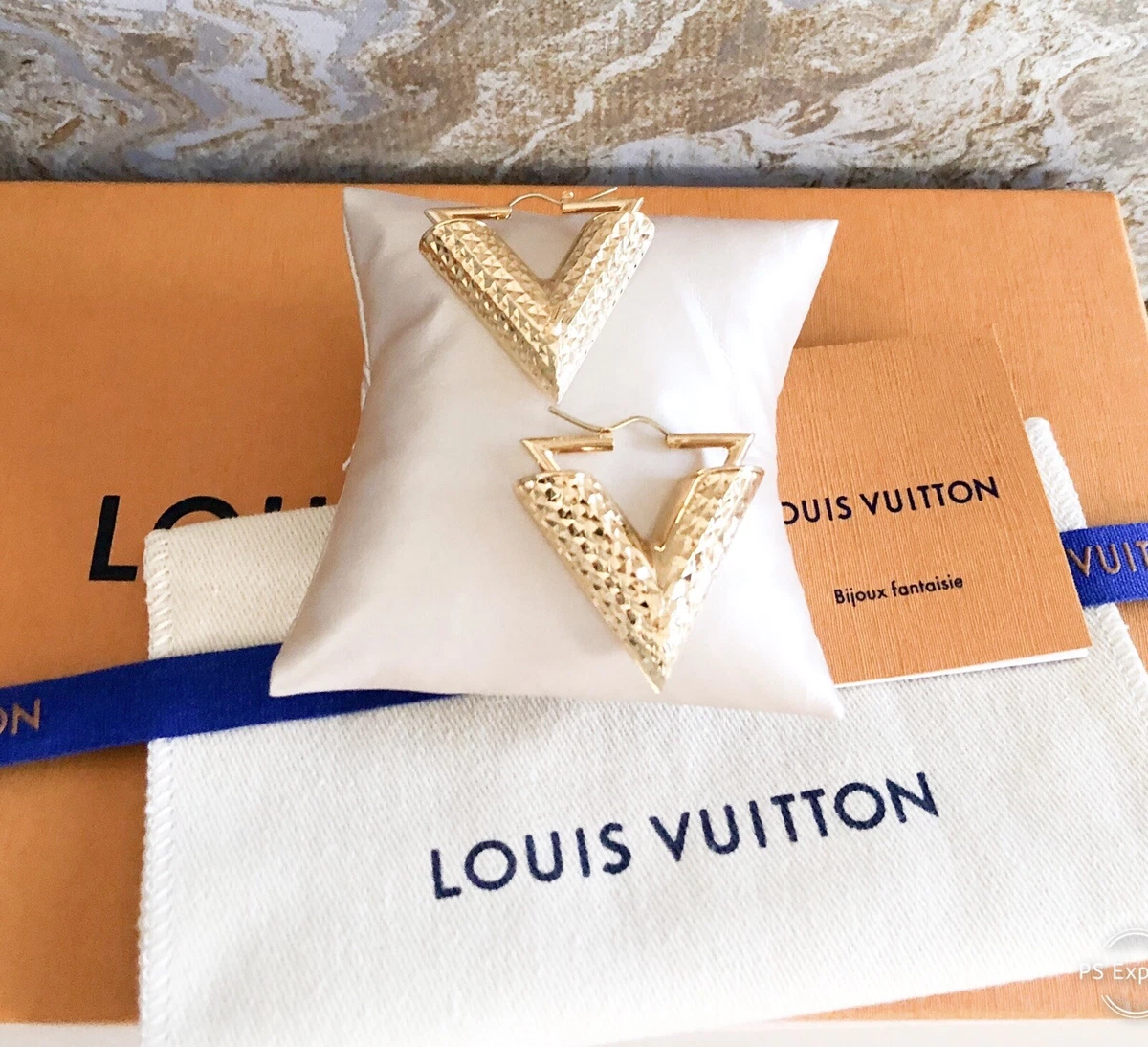 Louis Vuitton Essential V Guilloche Gold Tone Earrings eBay