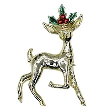 Vintage GERRY S Signed Reindeer Brooch Holly Leaves Christmas Gold Tone Pin