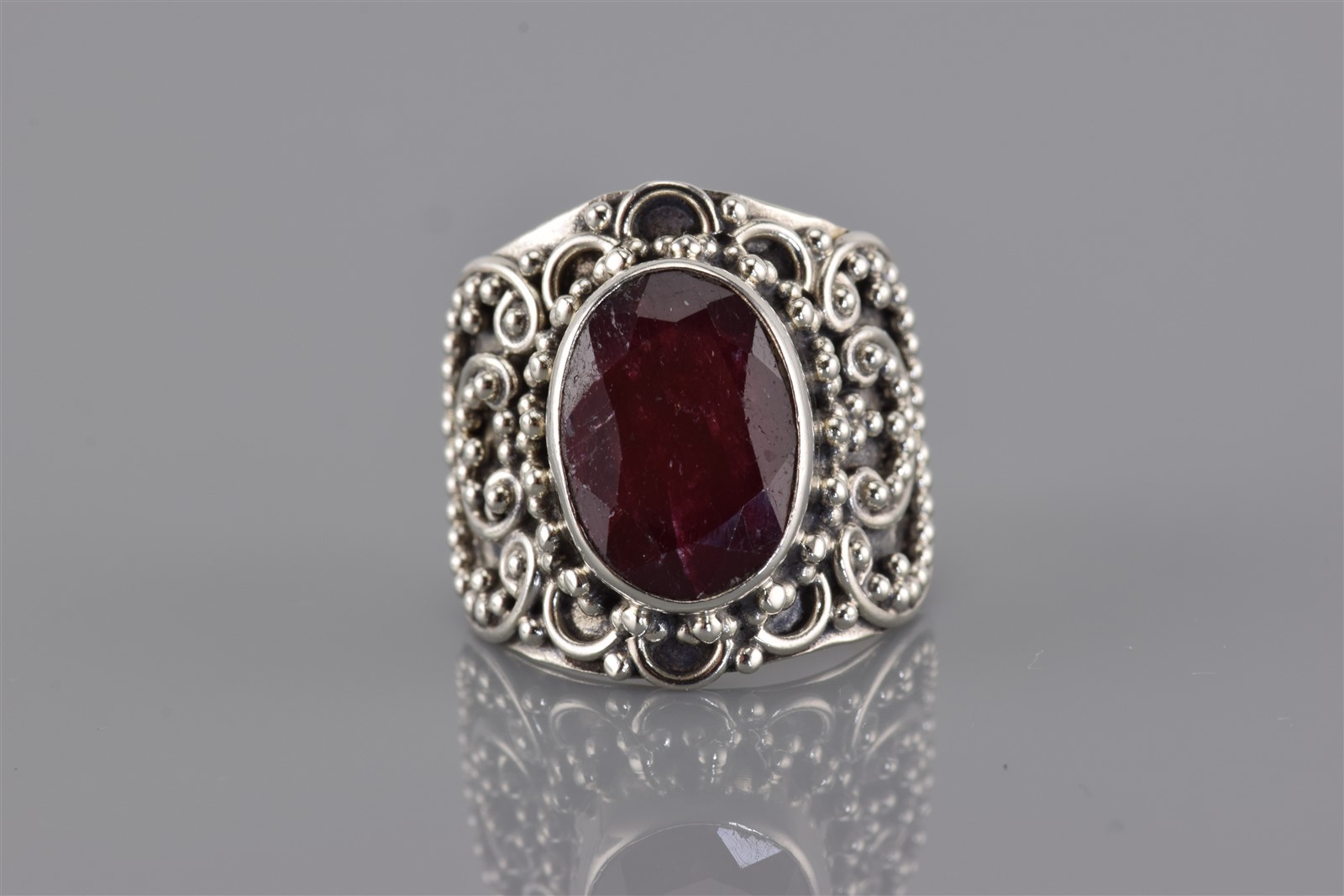 Sterling Silver Ornately Beaded Red Ruby Saddle S… - image 2