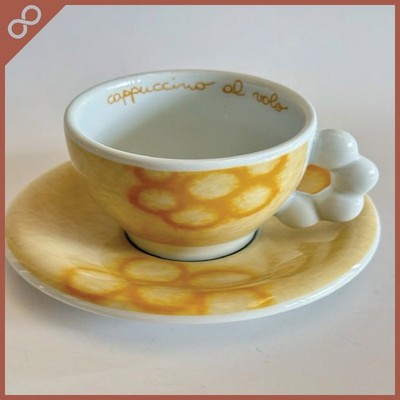 THUN Caffè al Volo Demitasse Cup & Saucer   Yellow Floral Abstract   Italy   EUC