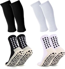 2 Set Grip Soccer Socks & Shin Guard Sleeves Non-Slip Athletic Sports Socks