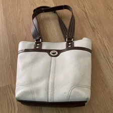 COACH Tote Purse “Hamilton” Leather Bag Stone Ivory w Brown Trim J0960-F13959