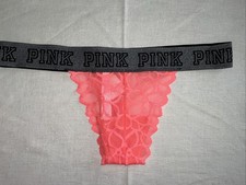NOS Victoria's Secret VINTAGE 2017 PINK Thick Logo Neon Lace Thong Panty Med NWT
