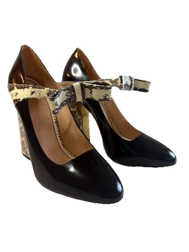 GUCCI Nimue Bow Polished Leather Pumps Heel Size 39/8 US -Black EUC - Image 2 of 4