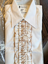 Vintage New Old Stock 1970s Ruffled Tuxedo Shirt White  Brown 14-14.5 33/34 S