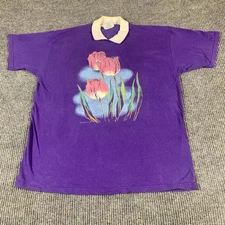 Vintage Lee Shirt Womens XL Purple Tulip Flower Graphic Polo 100% Cotton USA 90s