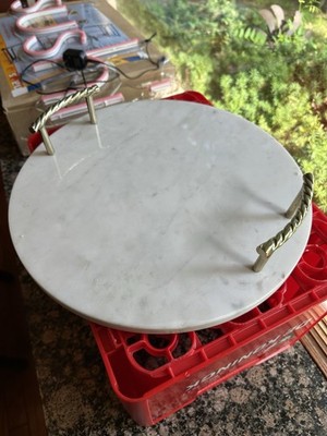 VTG White Marble Serving Tray 14'' Round w/Twisted Gold Handles Handmade in India