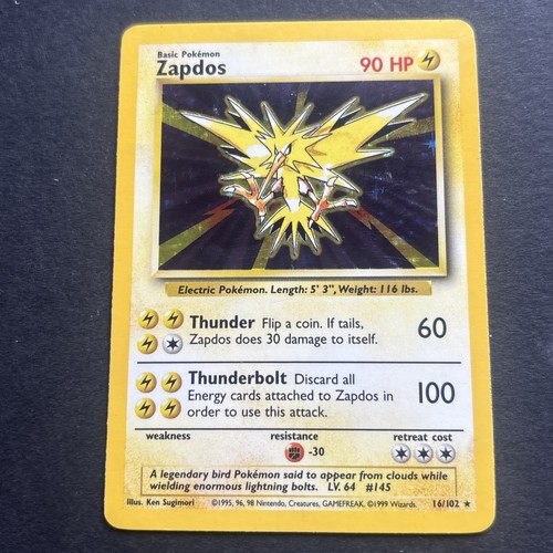 Pokémon Zapdos Card 16/102 Base Set Holo Rare Vintage 1999 WOTC  fast ship MP/LP