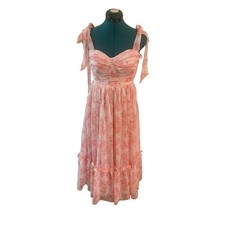 Darlin Womens 3/4 Pink Floral Maxi Dress Tie Strap Sweetheart Ruffle Cottagecore