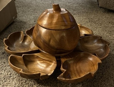 Vintage Mid-Century Hand-Carved Monkey Pod Wood Acorn Lazy Susan Serving Set